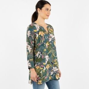 Dolma Leilani Cotton Floral Tunic Top in Teal Gold - Size Large